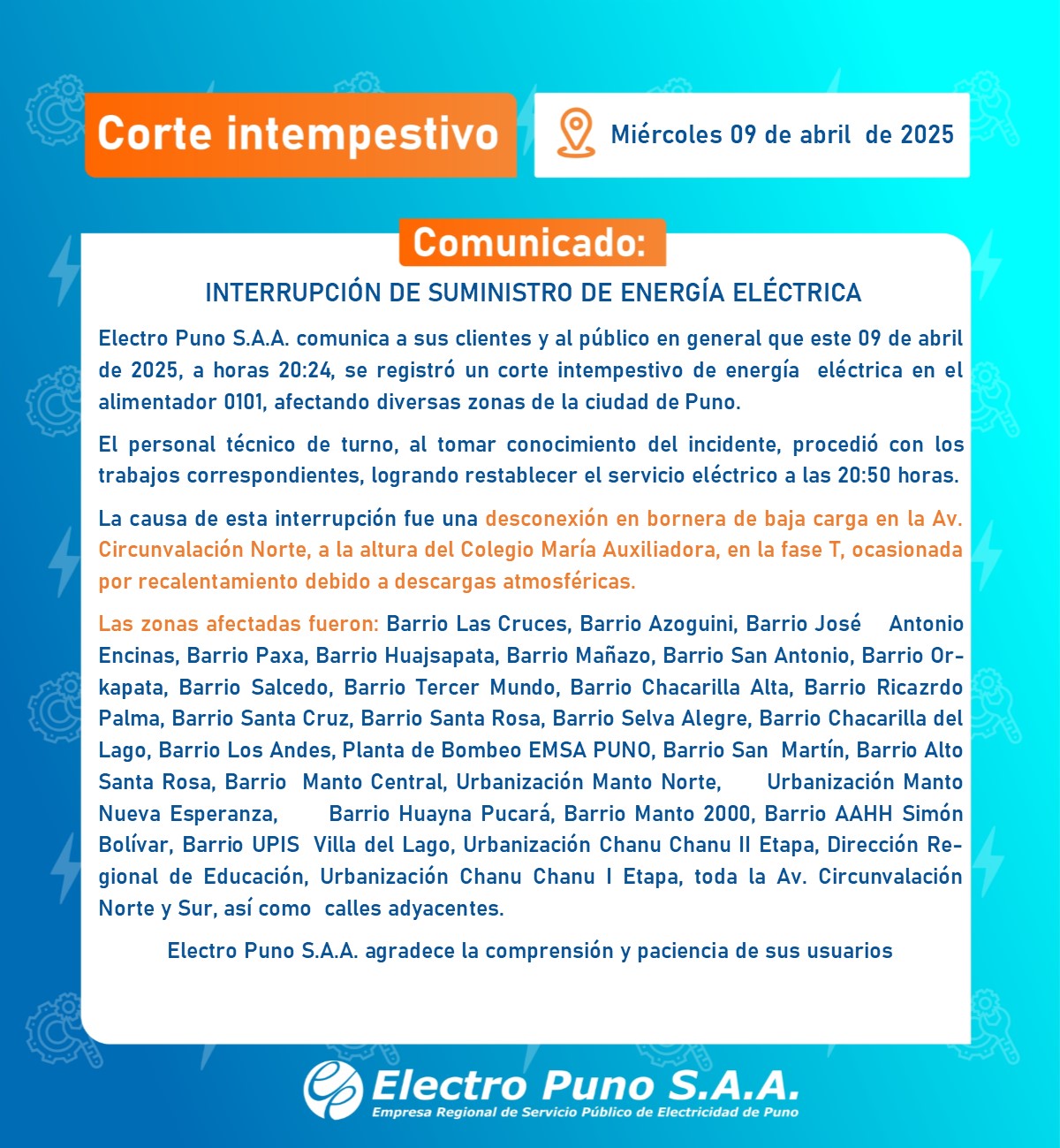 COMUNICADO CORTE INTEMPESTIVO PUNO 09/04/25
