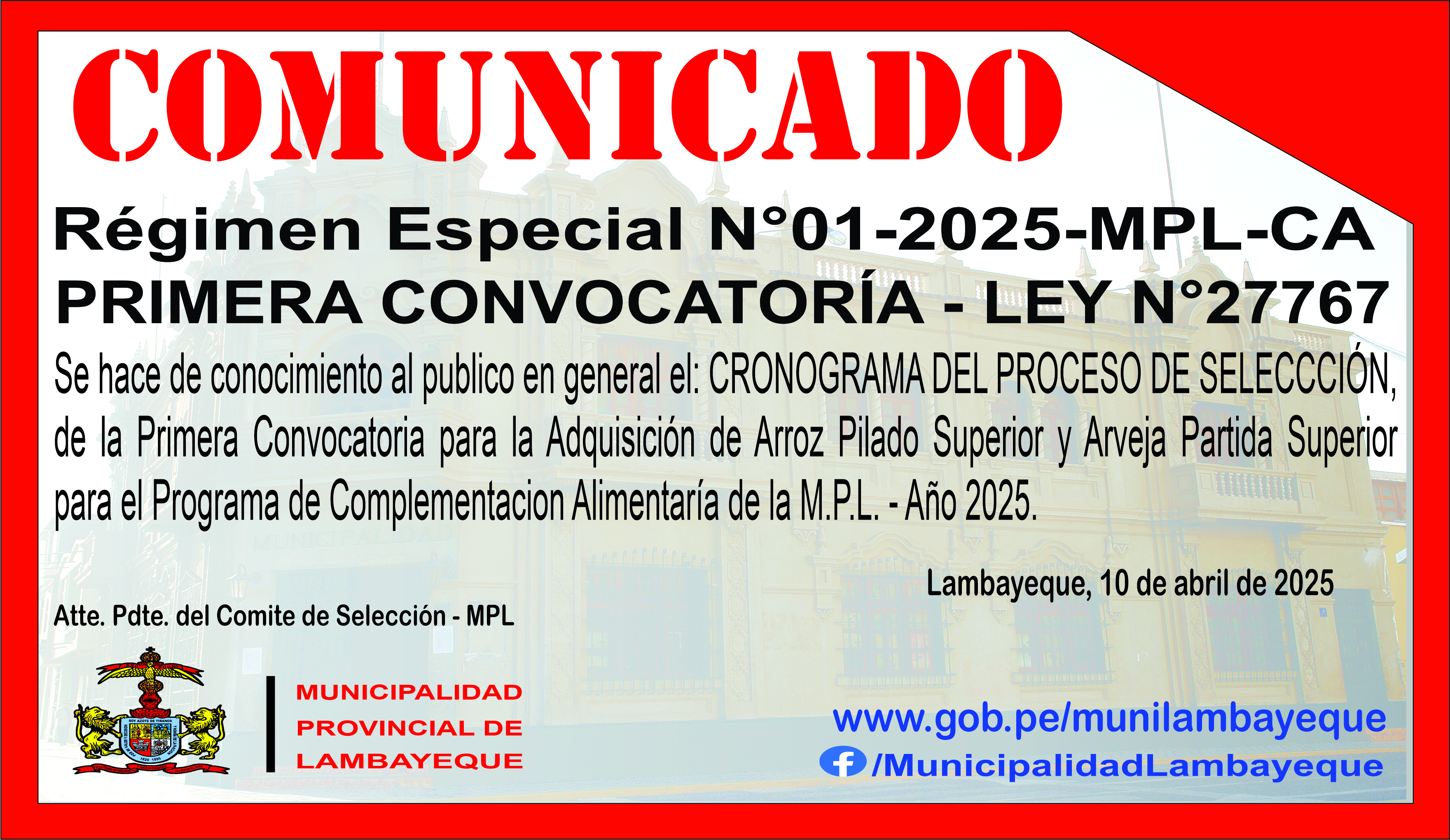 Archivo PDF de la Adquisición de bienes alimentarios Arroz Pilado Superior, Lenteja Superior y Arveja Partida Superior para el Programa de Complementación Alimentaria de la Municipalidad Provincial de Lambayeque - Año 2025.