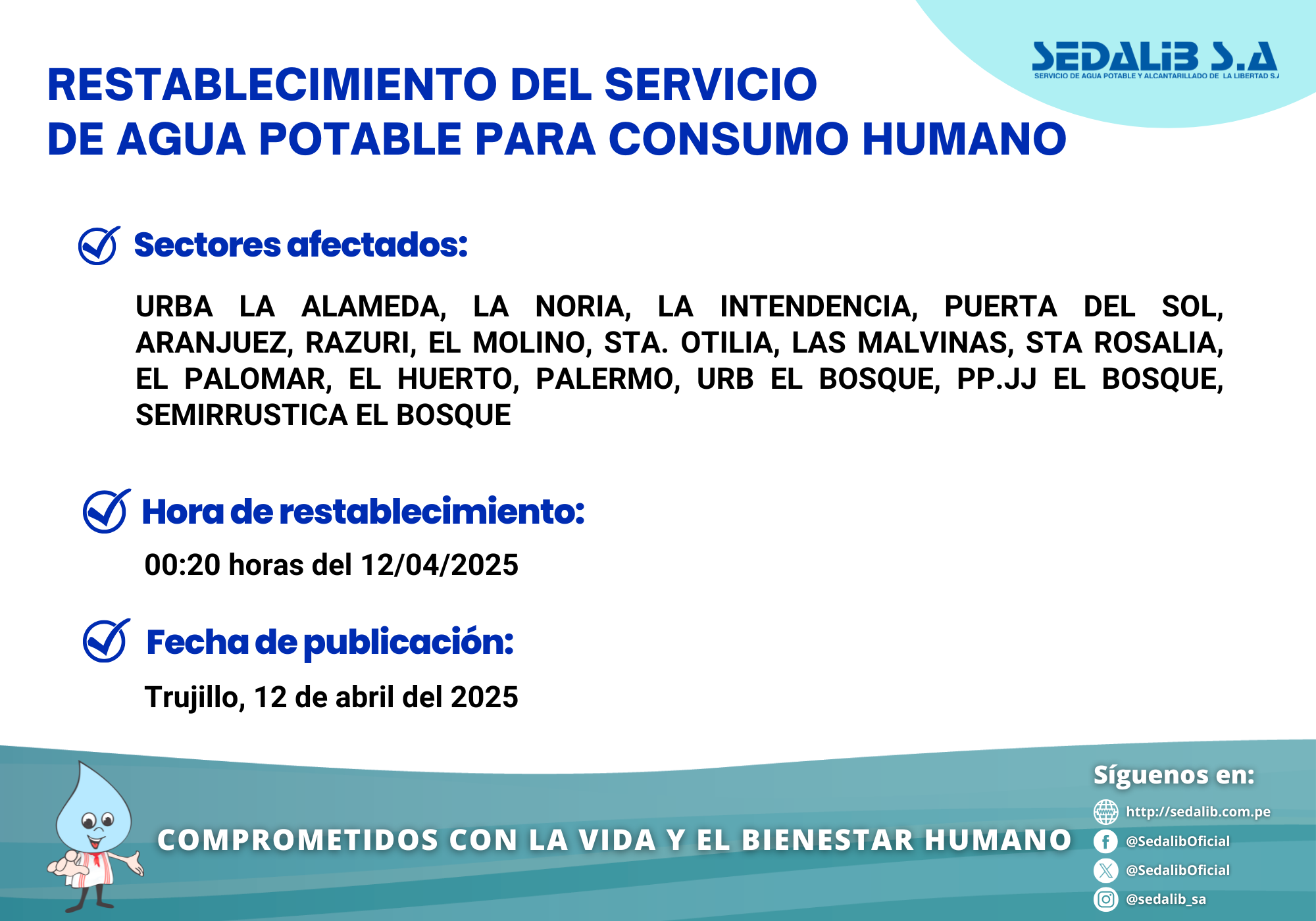 Restablecimiento del servicio de agua potable para consumo humano