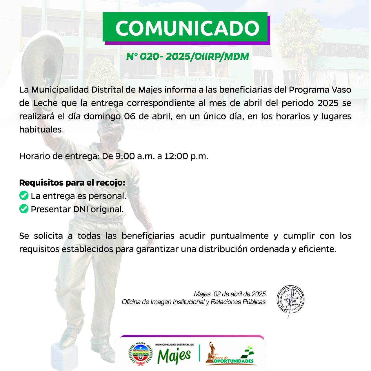 ¡ATENCIÓN BENEFICIARIAS DEL PROGRAMA VASO DE LECHE!