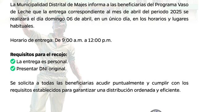 ¡ATENCIÓN BENEFICIARIAS DEL PROGRAMA VASO DE LECHE!