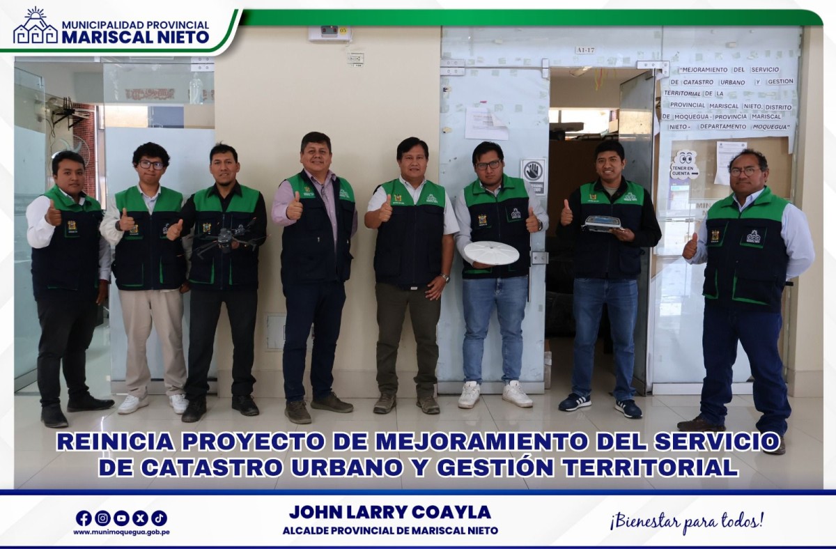 ✅ La Municipalidad Provincial de Mariscal Nieto ha reiniciado el proyecto «Mejoramiento del Servicio de Catastro Urbano y Gestión Territorial», una iniciativa clave para fortalecer la planificación y el ordenamiento del distrito de Moquegua. Con una inversión total de S/. 16,801,276.36 y un plazo de ejecución de 1,234 días calendario, este proyecto permitirá optimizar la capacidad técnica y operativa del sistema catastral, beneficiando a toda la población.