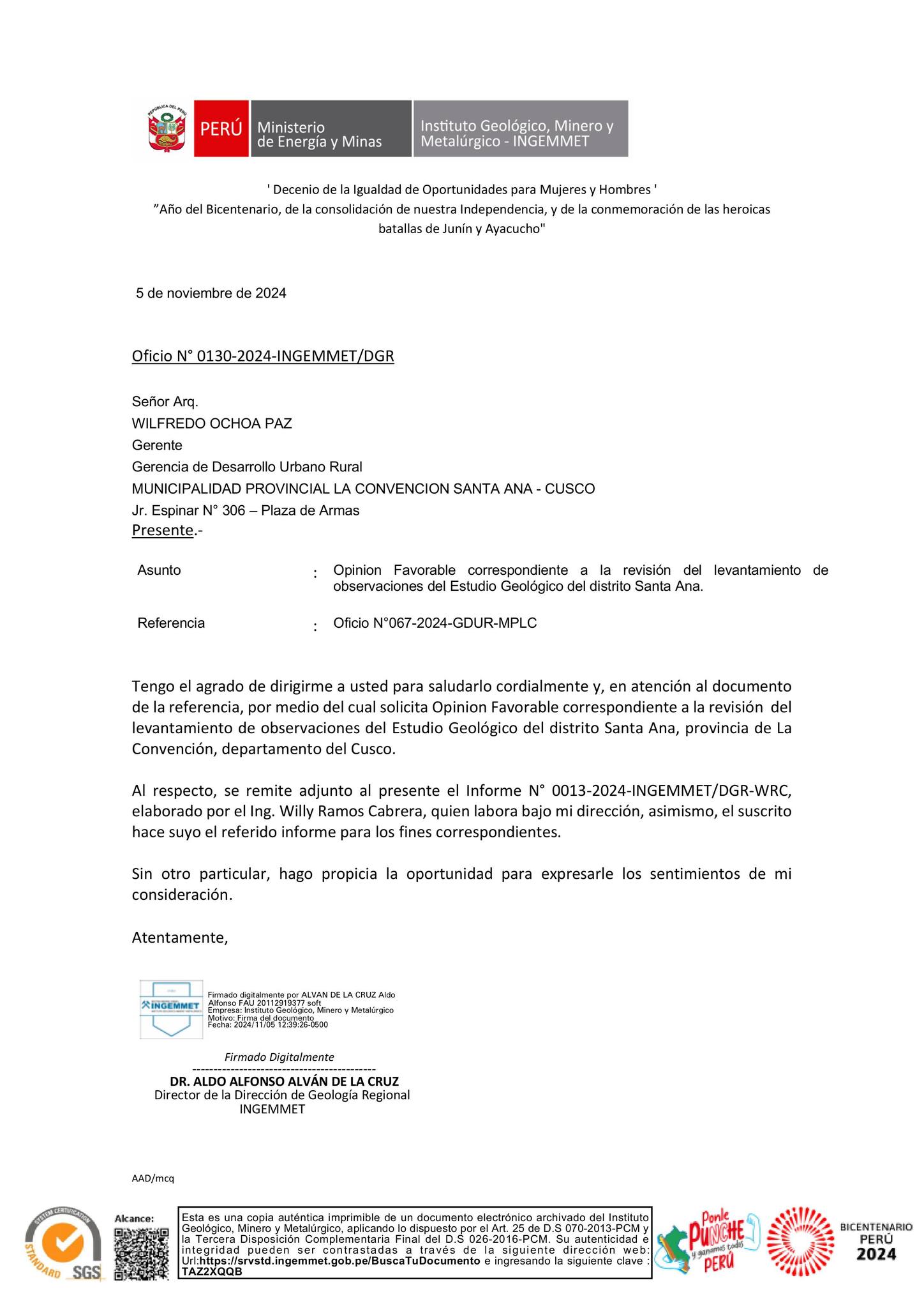 El instituto geofísico minero y metalúrgico (INGEMET) emite opinión favorable al estudio geológico del distrito Santa