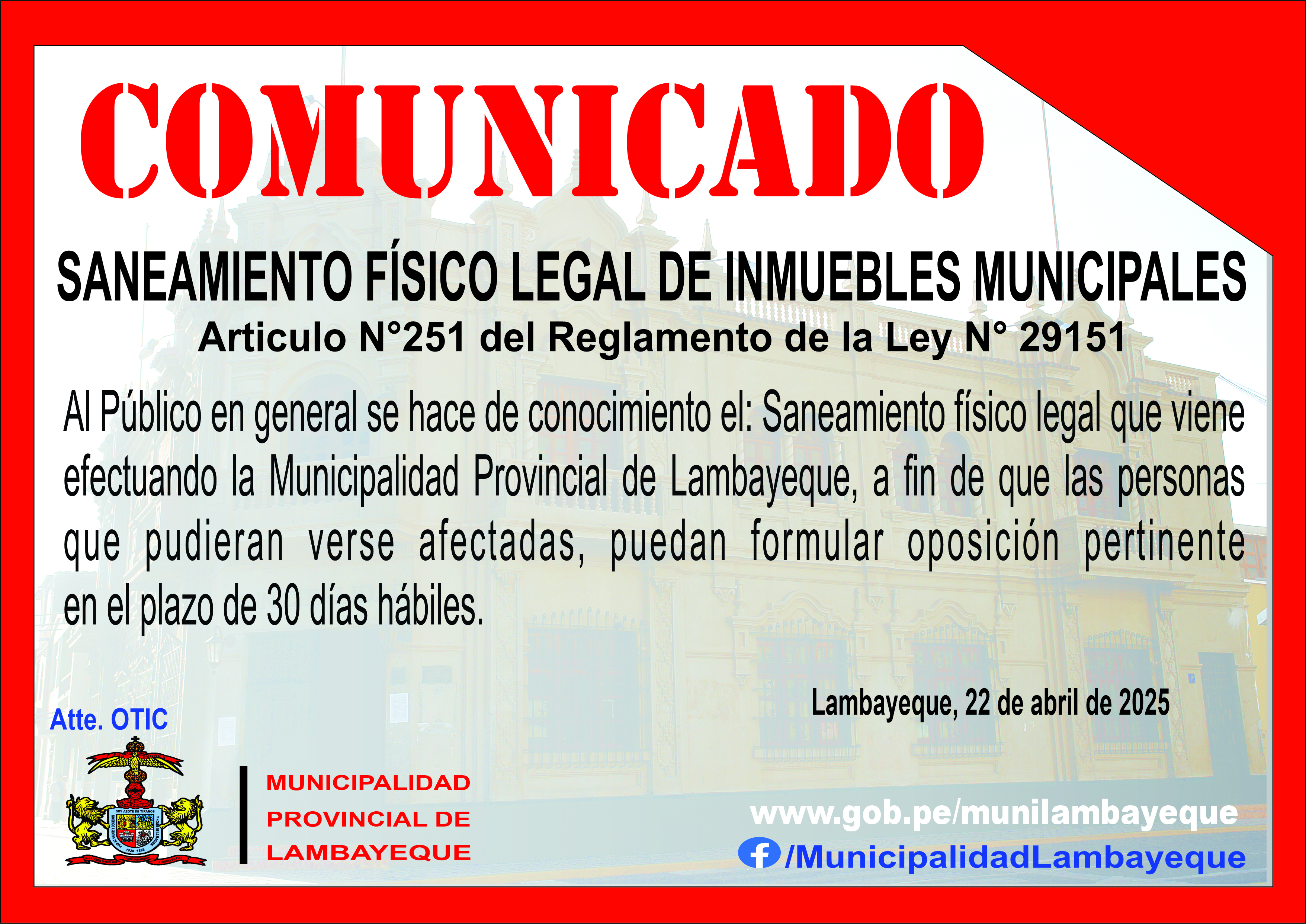 Archivo JPG del Aviso que pone de conocimiento el saneamiento físico legal que se viene efectuando en el marco de los art. 21, 22 y 23 del TUO DE LA LEY n°29151 y su reglamento.