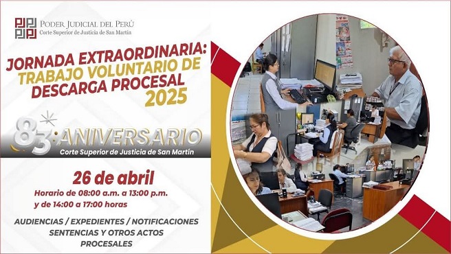 Esta jornada extraordinaria se enmarca en la conmemoración por los 83 años de instalación de la Corte Superior de Justicia de San Martín y representa un valioso aporte a los esfuerzos institucionales por descongestionar los órganos jurisdiccionales y continuar ofreciendo una gestión judicial al servicio de la ciudadanía.
