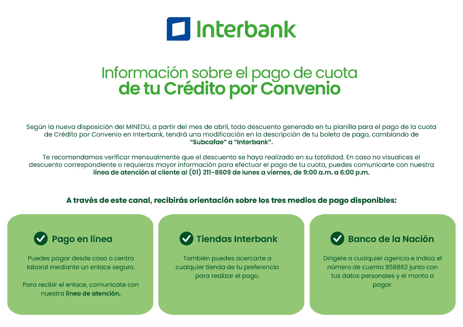 Interbank: Para conocimiento sobre pago de cuota de crédito por convenio