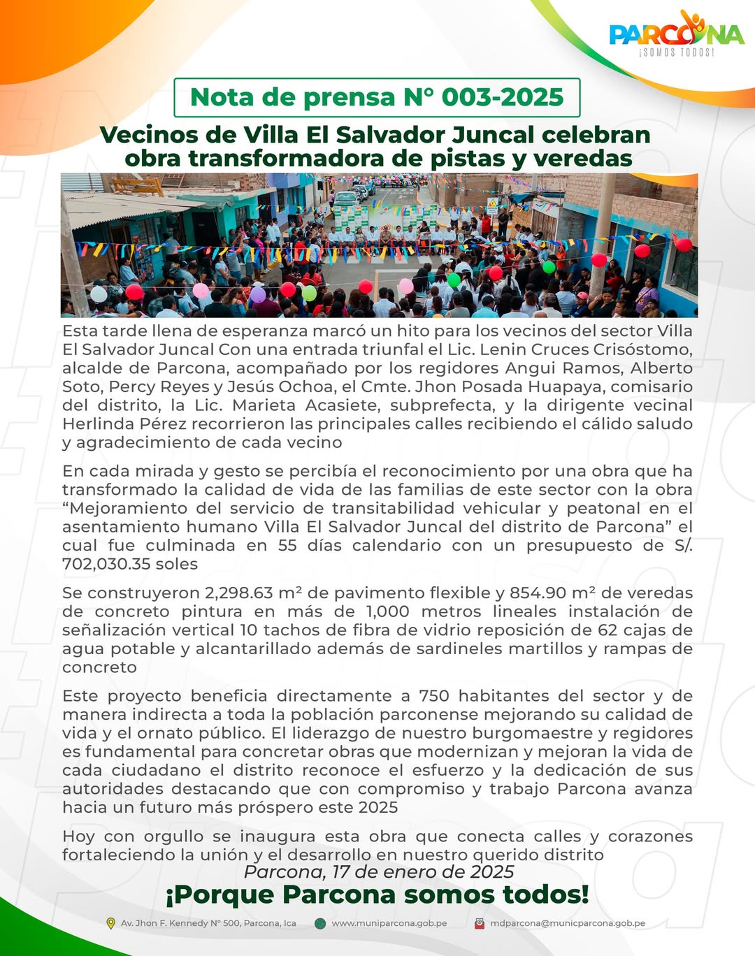Imagen de la Nota de Prensa N° 002-2025-MDP