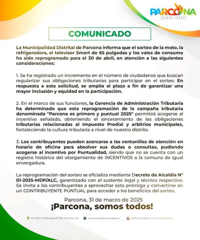 Imagen del Comunicado N° 001-2025-MDP