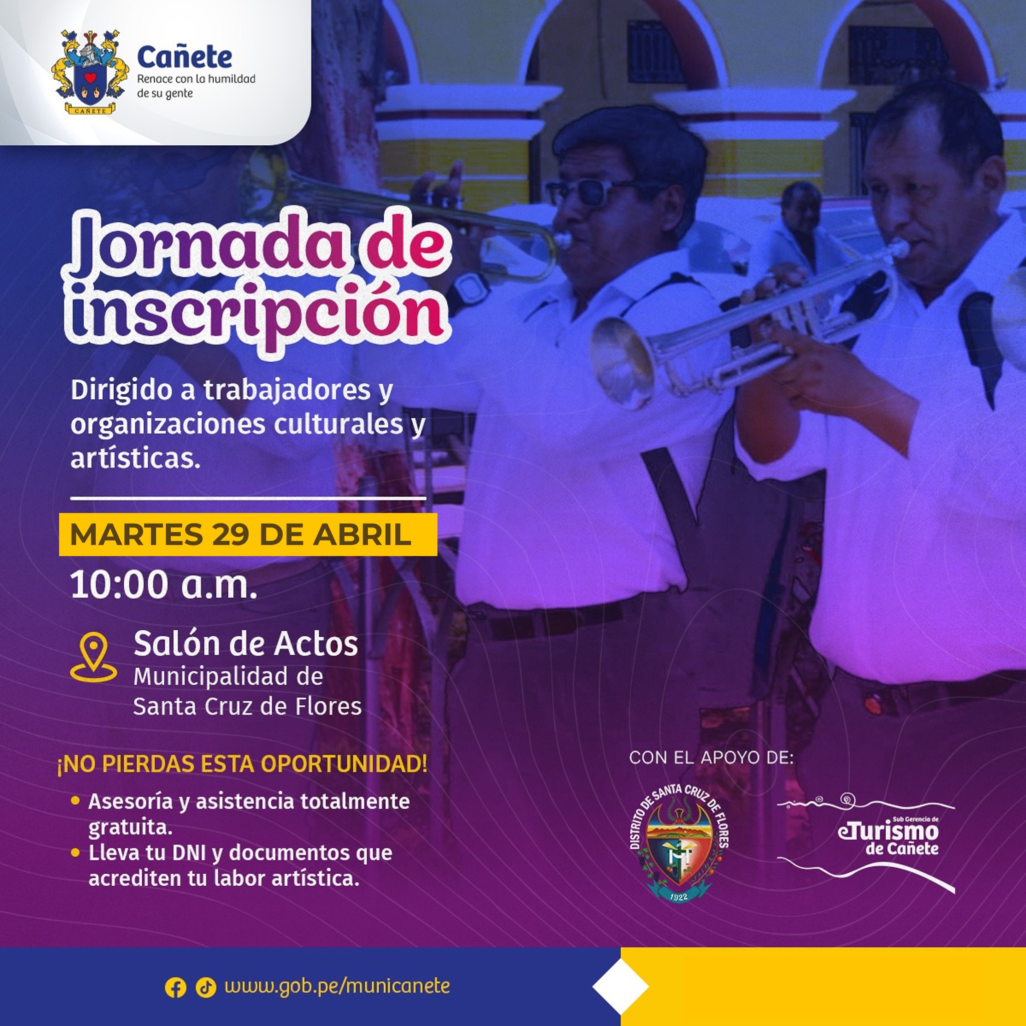 Municipalidad Provincial Realizará Jornada de Inscripción Artística y Cultural Gratuita en Santa Cruz de Flores
