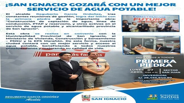 𝐀𝐋𝐂𝐀𝐋𝐃𝐄 𝐑𝐄𝐆𝐔𝐁𝐄𝐑𝐓𝐎 𝐆𝐀𝐑𝐂𝐈́𝐀 𝐎𝐑𝐃𝐎𝐍̃𝐄𝐙 𝐂𝐎𝐋𝐎𝐂𝐀𝐑𝐀́ 𝐋𝐀 𝐏𝐑𝐈𝐌𝐄𝐑𝐀 𝐏𝐈𝐄𝐃𝐑𝐀 𝐏𝐀𝐑𝐀 𝐋𝐀 𝐂𝐎𝐍𝐒𝐓𝐑𝐔𝐂𝐂𝐈𝐎́𝐍 𝐃𝐄 𝐋𝐀 𝐎𝐁𝐑𝐀 𝐃𝐄 𝐀𝐆𝐔𝐀 𝐏𝐎𝐓𝐀𝐁𝐋𝐄 𝐘 𝐀𝐋𝐂𝐀𝐍𝐓𝐀𝐑𝐈𝐋𝐋𝐀𝐃𝐎 𝐏𝐀𝐑𝐀 𝐒𝐀𝐍 𝐈𝐆𝐍𝐀𝐂𝐈𝐎 “𝐁𝐎𝐓𝐈𝐉𝐀𝐒 𝐈𝐈”