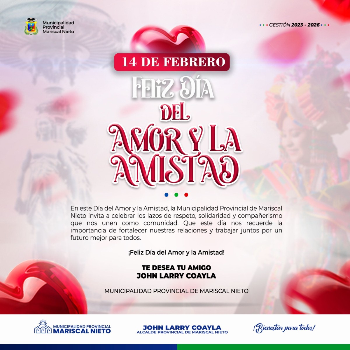 En este Día del Amor y la Amistad, la Municipalidad Provincial de Mariscal Nieto invita a celebrar los lazos de respeto, solidaridad y compañerismo que nos unen como comunidad. Que este día nos recuerde la importancia de fortalecer nuestras relaciones y trabajar juntos por un futuro mejor para todos.