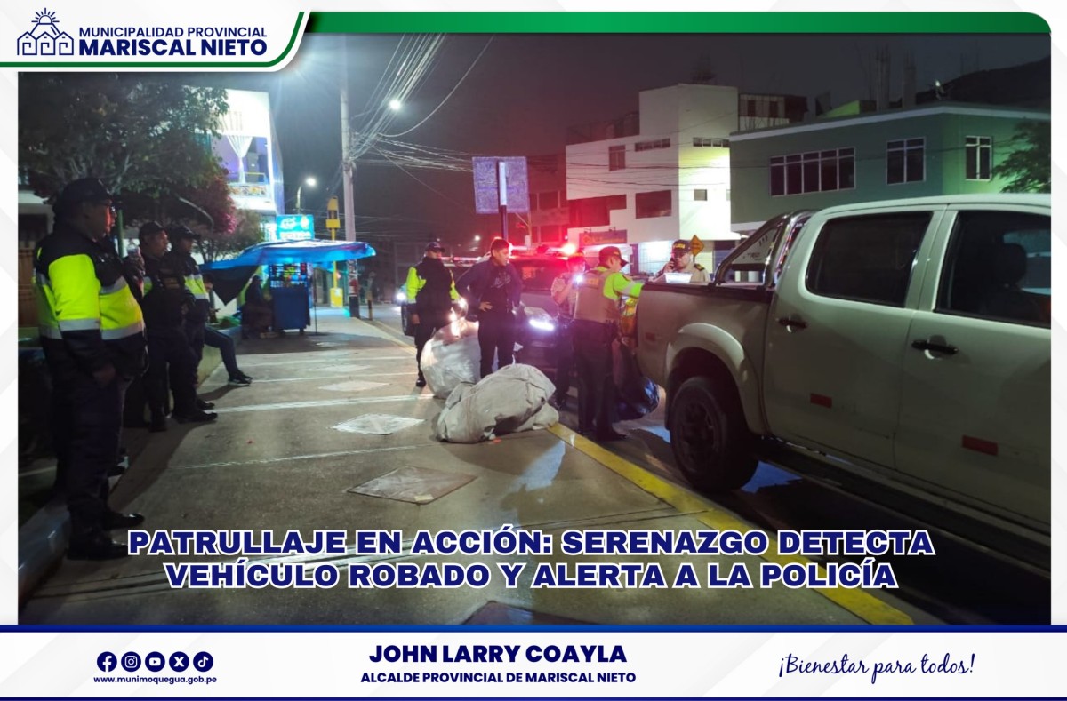 Durante un patrullaje motorizado realizado el 13 de febrero a las 21:40 horas, el personal de serenazgo de la Municipalidad Provincial de Mariscal Nieto detectó una camioneta sospechosa con placa F9L-890 en el parque del Maestro.
