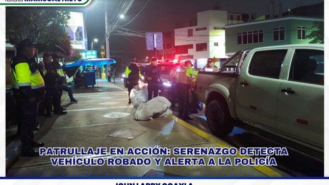 Durante un patrullaje motorizado realizado el 13 de febrero a las 21:40 horas, el personal de serenazgo de la Municipalidad Provincial de Mariscal Nieto detectó una camioneta sospechosa con placa F9L-890 en el parque del Maestro.