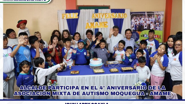 En un emotivo acto, nuestro alcalde Jhon Larry Coayla participó en la ceremonia de conmemoración por el 4° aniversario de la Asociación Mixta de Autismo Moquegua – AMAME), reafirmando su compromiso con la inclusión y el bienestar de las personas con autismo en nuestra comunidad.