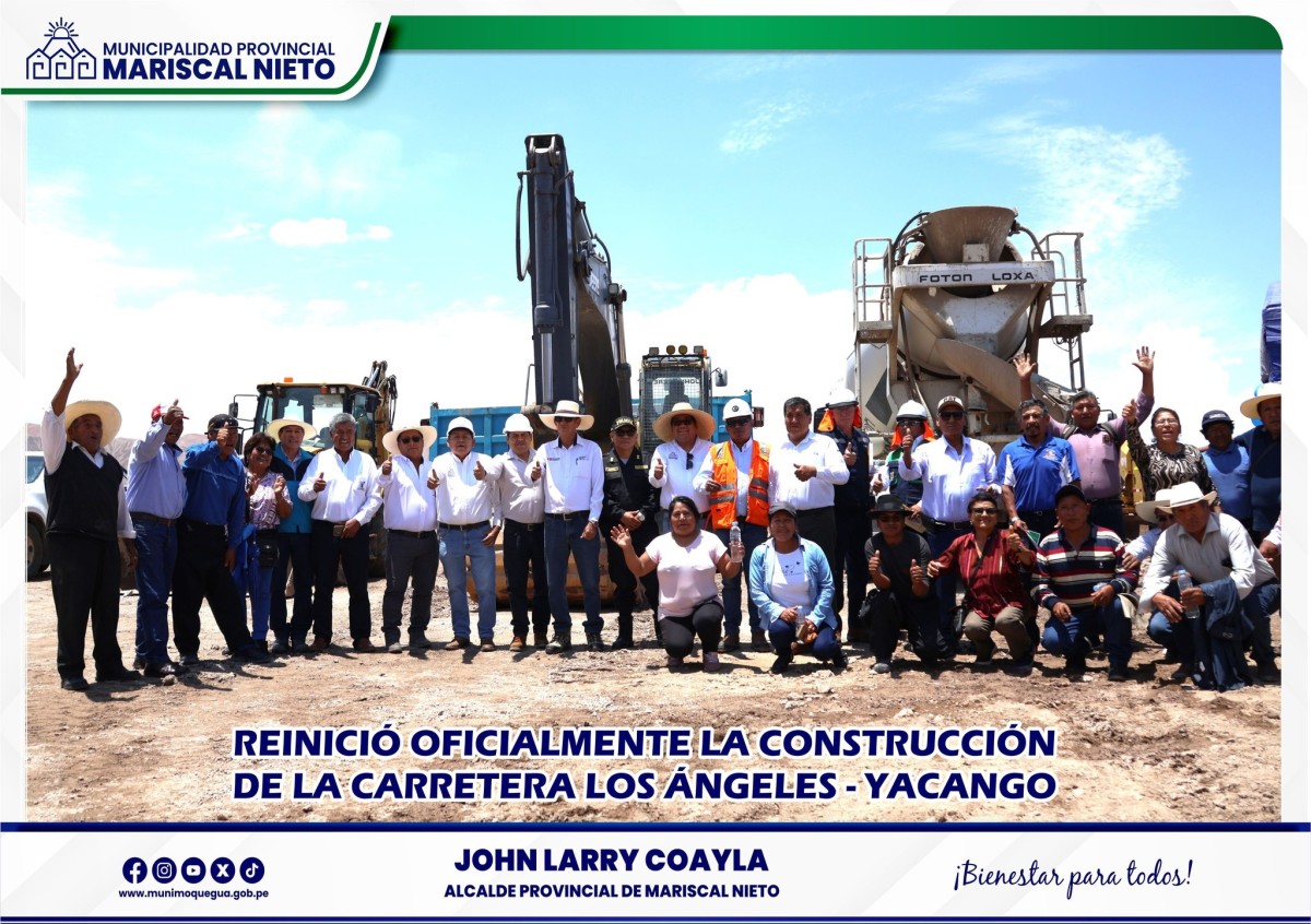 Con gran algarabía y en presencia de diversas autoridades, el alcalde de Moquegua, John Larry junto a la población local, marcó el reinicio oficial de la construcción de la carretera que unirá el centro poblado de Los Ángeles con Yacango.