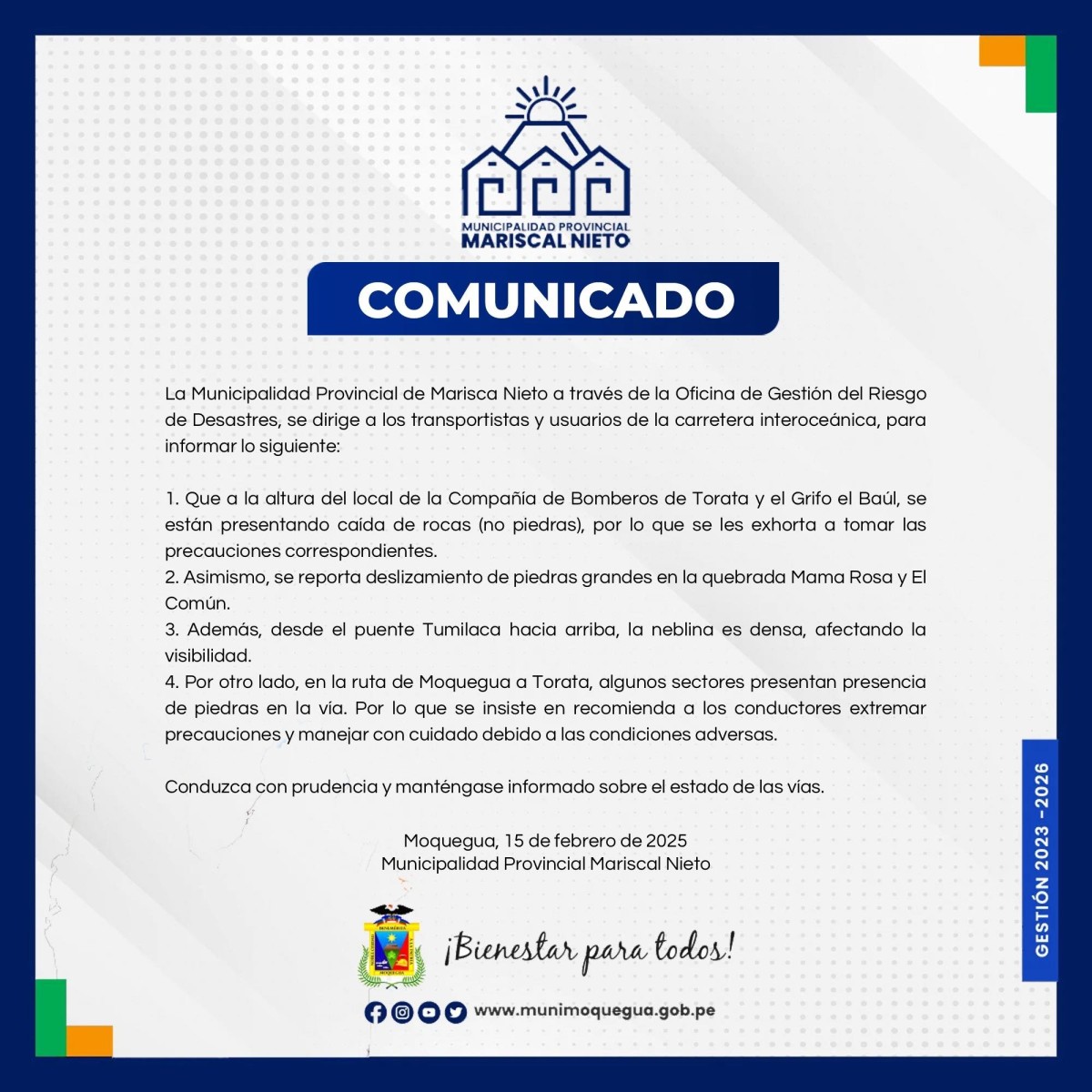 La Municipalidad Provincial de Marisca Nieto a través de la Oficina de Gestión del Riesgo de Desastres, se dirige a los transportistas y usuarios de la carretera interoceánica.
