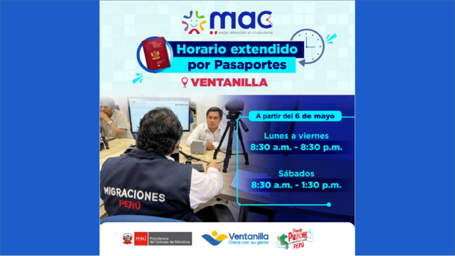 🕒 A partir del 06 de mayo, amplían el horario de atención para pasaportes: lunes a viernes de 8:30 a.m. a 8:30 p.m. y sábados de 8:30 a.m. a 1:30 p.m.