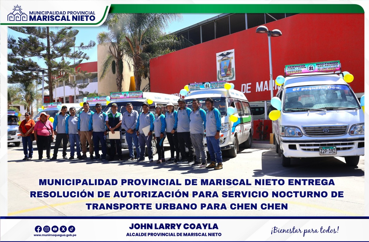 En un importante paso para mejorar la movilidad de los ciudadanos del Centro Poblado de Chen Chen, la Municipalidad Provincial de Mariscal Nieto hizo entrega de la Resolución Subgerencial N° 735, mediante la cual se autoriza la prestación del servicio nocturno de transporte urbano en la ruta 31.