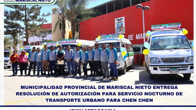 En un importante paso para mejorar la movilidad de los ciudadanos del Centro Poblado de Chen Chen, la Municipalidad Provincial de Mariscal Nieto hizo entrega de la Resolución Subgerencial N° 735, mediante la cual se autoriza la prestación del servicio nocturno de transporte urbano en la ruta 31.