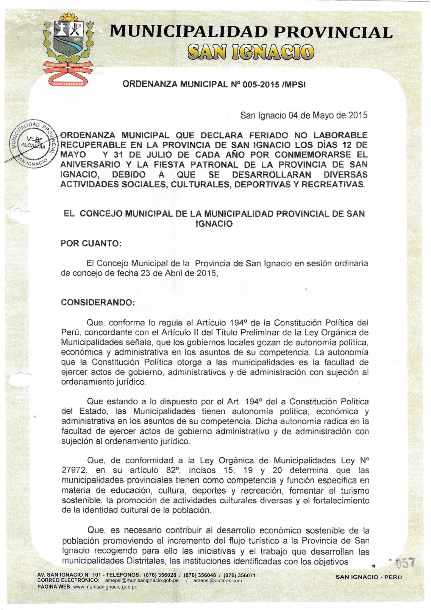 Declaran feriado no laborable recuperable en San Ignacio los días 12 de mayo y 31 de julio
