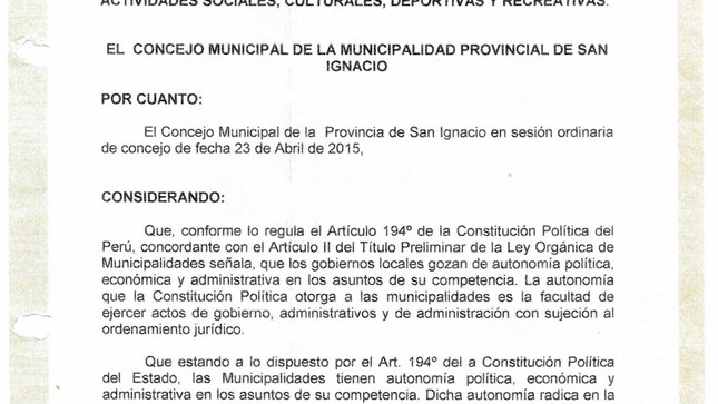 Declaran feriado no laborable recuperable en San Ignacio los días 12 de mayo y 31 de julio