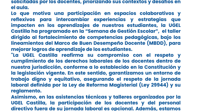 Con esta iniciativa, reiteramos nuestro compromiso de fortalecer la calidad del servicio educativo en nuestra jurisdicción, siempre en beneficio de nuestros estudiantes.                                                     