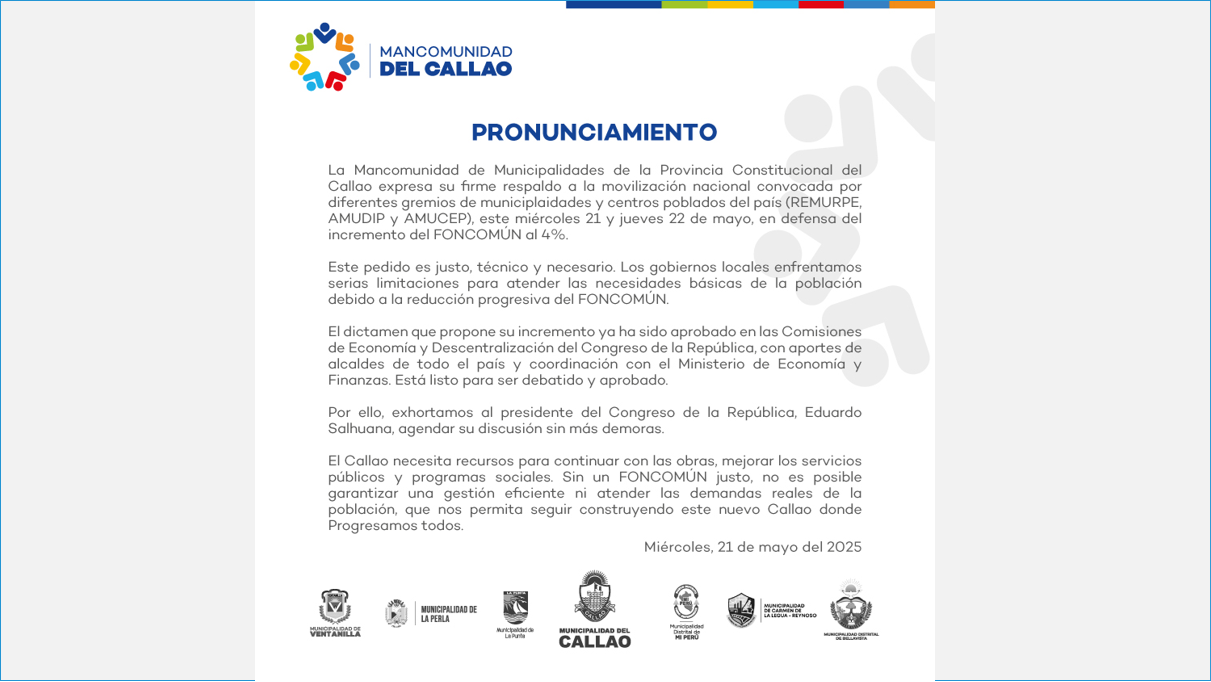 📢 La Mancomunidad del Callao respalda la movilización nacional para exigir el incremento del FONCOMÚN al 4%, en defensa de los recursos de los gobiernos locales.