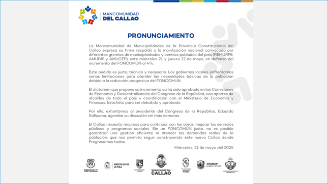  📢 La Mancomunidad del Callao respalda la movilización nacional para exigir el incremento del FONCOMÚN al 4%, en defensa de los recursos de los gobiernos locales. 