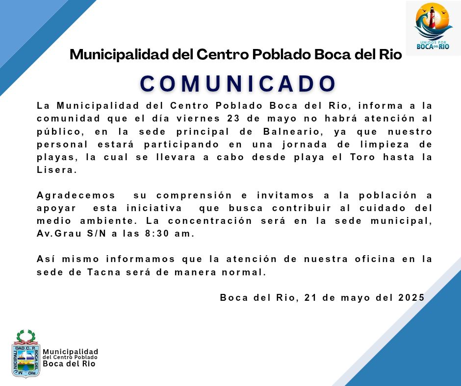 imagen Comunicado Limpieza de playas y cierre de sede principal