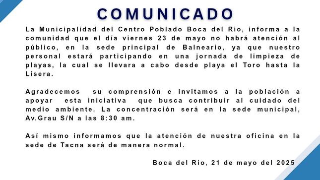 imagen Comunicado Limpieza de playas y cierre de sede principal