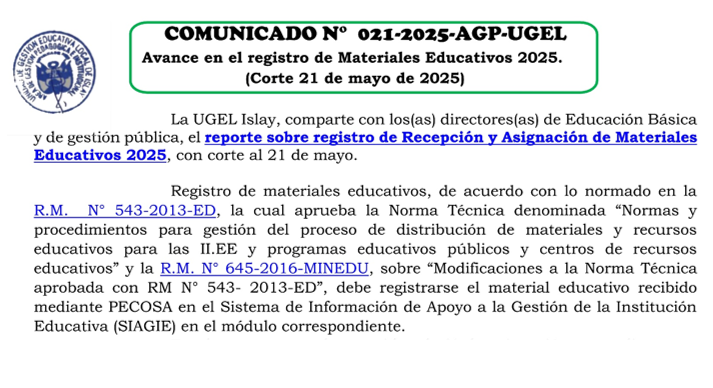 Comunicado N° 021-2025-AGP-UGEL