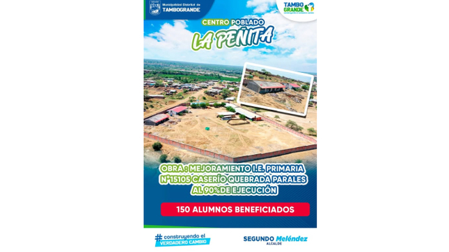 I.E. primaria N° 15105 de quebrada parales al 90% de ejecución