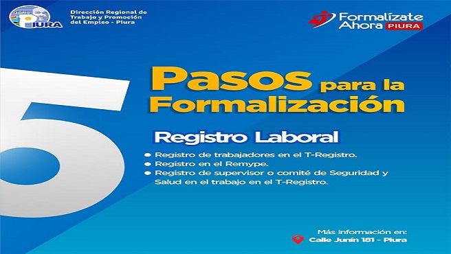 En la Dirección Regional de Trabajo, te guiamos paso a paso para que formalizar tu negocio sea una decisión sencilla y poderosa. Estos son los 5 pasos para formalizarte. Da el primer paso hoy y haz que tu esfuerzo cuente.