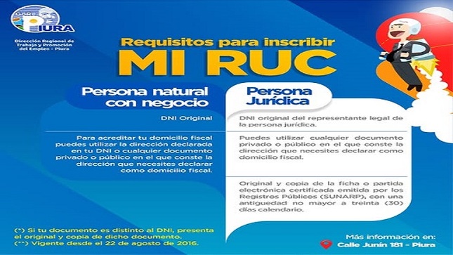 La Dirección Regional de Trabajo y Promoción del Empleo te invita a inscribir tu RUC, y así dar este importante primer paso que hará crecer tu negocio con respaldo legal y nuevas oportunidades.