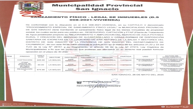 Saneamiento físico legal inmuebles Municipalidad de San Ignacio (DS 008- 2021vivienda)