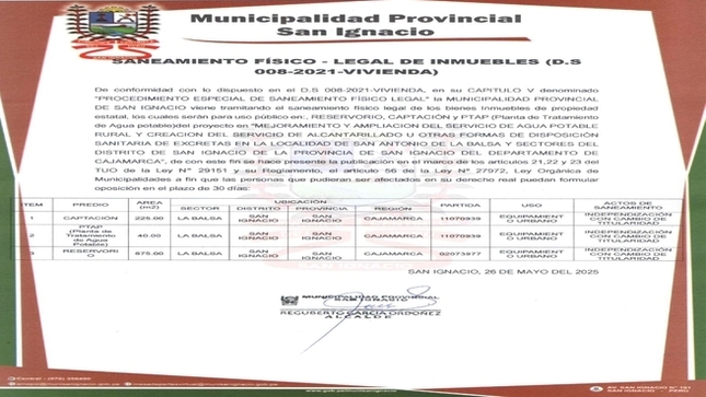 Saneamiento físico legal inmuebles Municipalidad de San Ignacio (DS 008- 2021vivienda)
