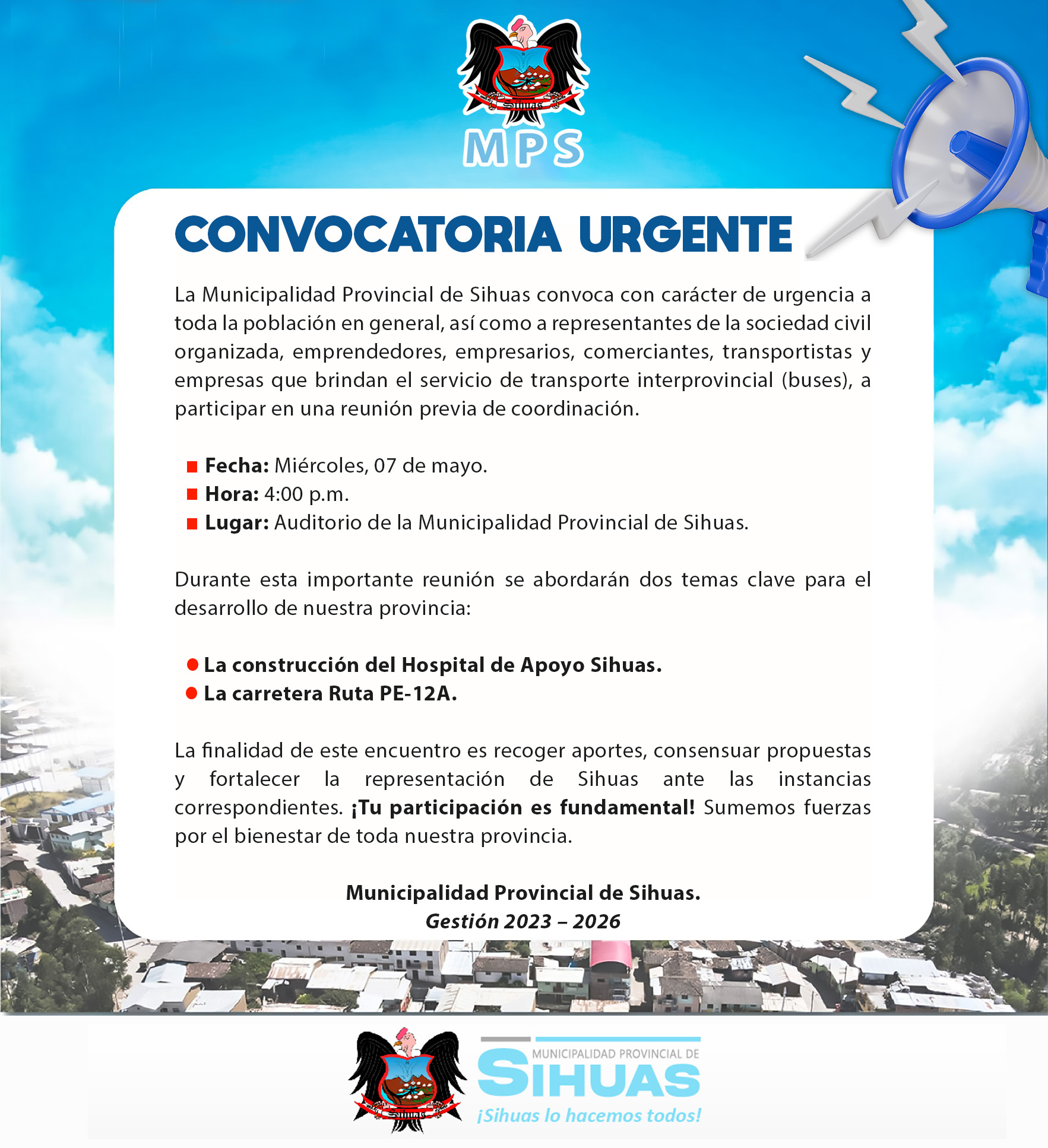 📣¡ATENCIÓN SIHUAS! 
CONVOCATORIA URGENTE A REUNIÓN DE COORDINACIÓN 📢

