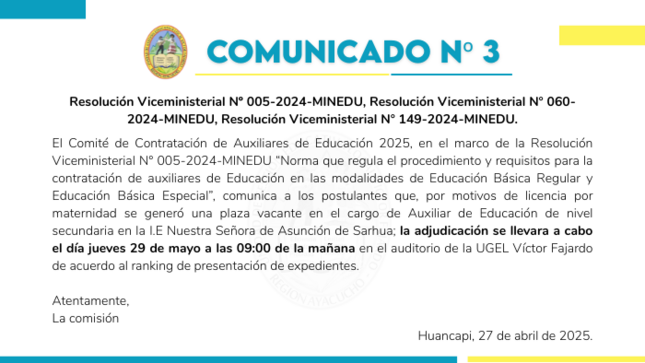 COMUNICADO N° 3 - Contratación de Auxiliares de Educación 