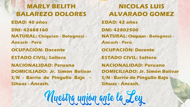 🔹𝗘𝗗𝗜𝗖𝗧𝗢 𝗠𝗔𝗧𝗥𝗜𝗠𝗢𝗡𝗜𝗔𝗟 
Ponemos en conocimiento el siguiente Matrimonio Civil, de conformidad con lo dispuesto en el artículo 250 del Código Civil👉:
