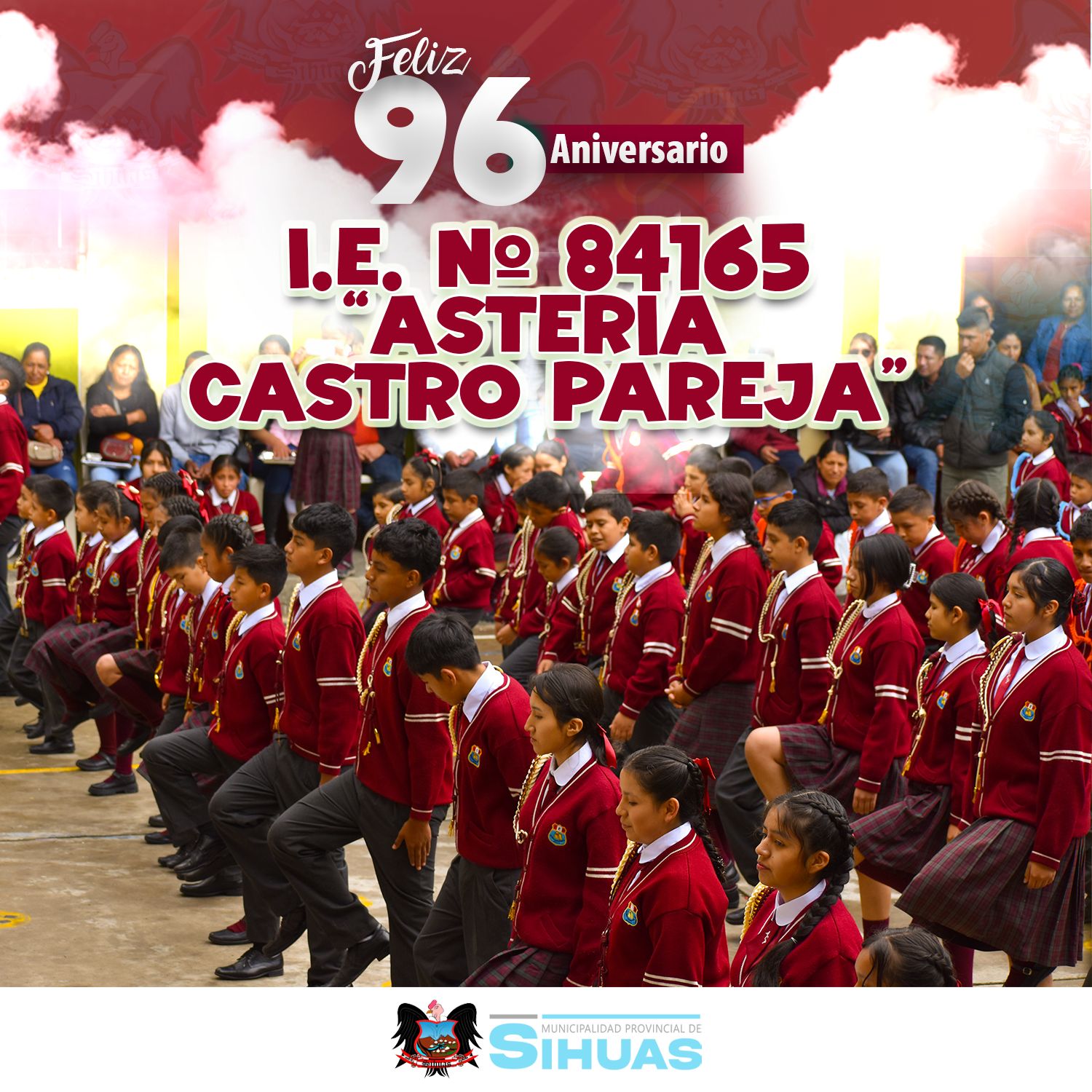🎊🎉¡𝗙𝗲𝗹𝗶𝘇 𝗫𝗖𝗩𝗜 𝗔𝗻𝗶𝘃𝗲𝗿𝘀𝗮𝗿𝗶𝗼 𝗜.𝗘. "𝗔𝗦𝗧𝗘𝗥𝗜𝗔 𝗖𝗔𝗦𝗧𝗥𝗢 𝗣𝗔𝗥𝗘𝗝𝗔"!🎉🥳
El alcalde provincial, Mag. Demetrio Buiza Picón, junto al cuerpo edil y trabajadores de la Municipalidad Provincial de Sihuas, expresan un saludo cordial a toda la comunidad educativa de la Institución Educativa N.º 84165 "Asteria Castro Pareja", al conmemorarse el nonagésimo sexto aniversario de su creación institucional.
¡Que sigan cosechando logros y fortaleciendo la educación en nuestra provincia por muchos años más! 📚✨
