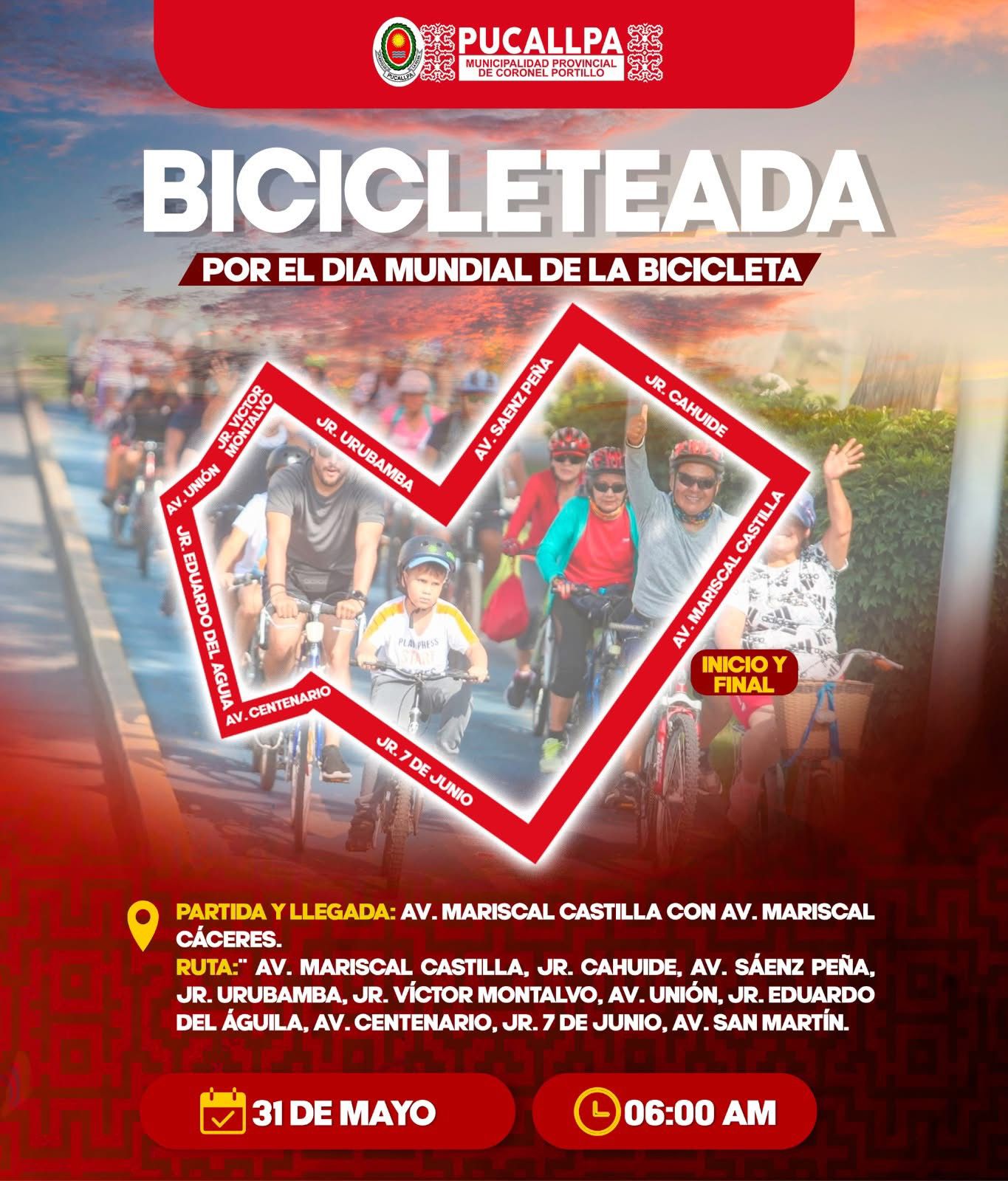 Ruta de la Bicicleteada organizada por la Municipalidad de Coronel Portillo.