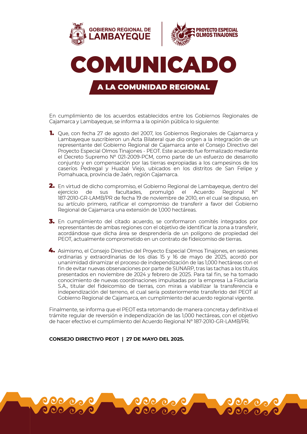 Comunicado / Consejo Directivo PEOT
