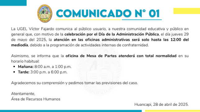 ATENCIÓN MODIFICADA POR CELEBRACIÓN DEL DÍA DE LA ADMINISTRACIÓN PÚBLICA
