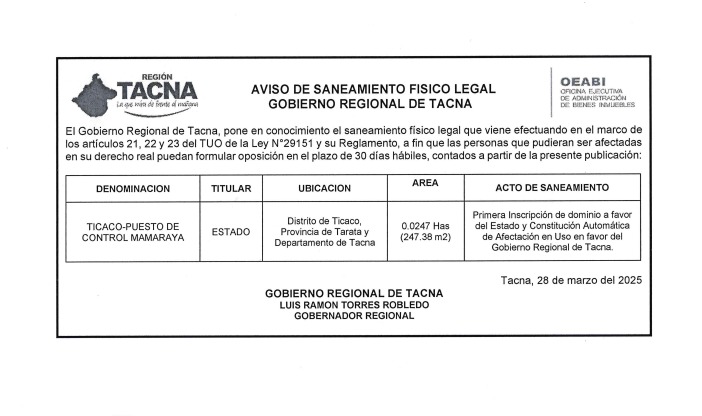 Aviso de Saneamiento Físico Legal