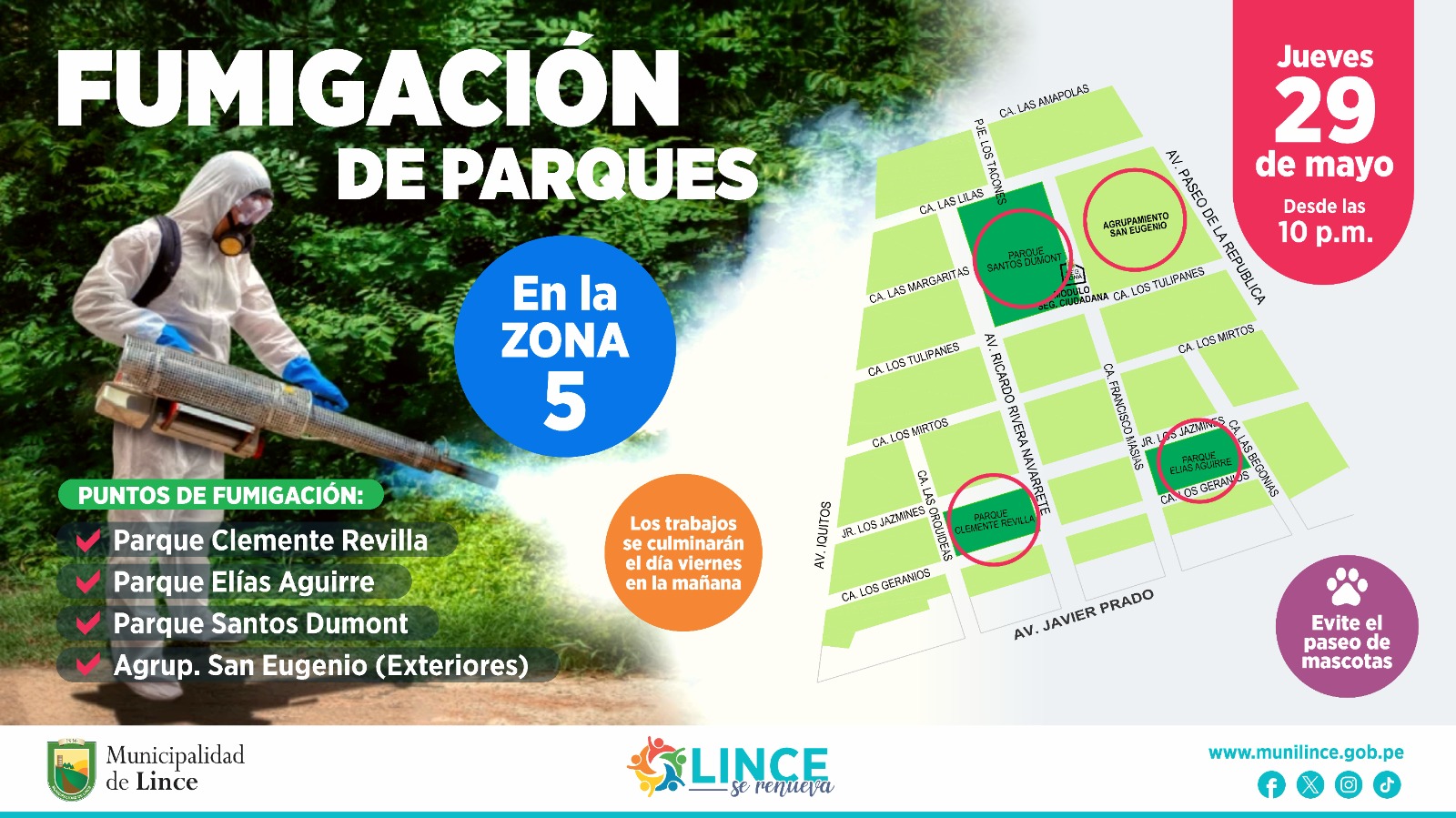 Municipalidad de Lince realizará campaña de fumigación
en Zona 5