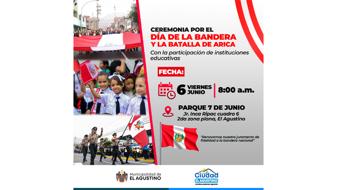 En esta fecha especial, rendimos homenaje a nuestro más grande símbolo patrio: la bandera peruana. Un emblema de lucha, libertad y unidad nacional que nos inspira a seguir construyendo un país mejor.
Fecha: Viernes, 6 de junio
Hora: 8:00 a.m.
Lugar: Parque 7 de Junio ( Jr. Inca Ripac cuadra 6)
¡Los esperamos para conmemorar juntos esta importante fecha con respeto y orgullo nacional!