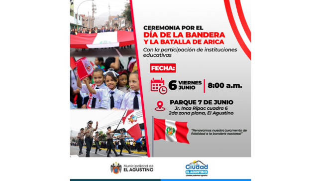 En esta fecha especial, rendimos homenaje a nuestro más grande símbolo patrio: la bandera peruana. Un emblema de lucha, libertad y unidad nacional que nos inspira a seguir construyendo un país mejor.
 Fecha: Viernes, 6 de junio
Hora: 8:00 a.m.
Lugar: Parque 7 de Junio ( Jr. Inca Ripac cuadra 6)
¡Los esperamos para conmemorar juntos esta importante fecha con respeto y orgullo nacional!