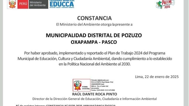 Imagen de la constancia tras haber aprobado, ejecutado y reportado el Plan de Trabajo 2024 del Programa Municipal de Educación, Cultura y Ciudadanía Ambiental (EDUCCA).