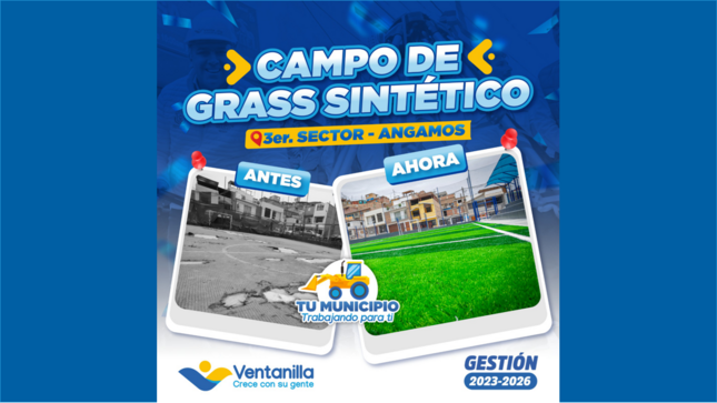 🙌🏽 Después de 20 años, los vecinos del 3er sector de Angamos ya cuentan con un campo de grass sintético completamente remodelado, fomentando el deporte y la recreación en Ventanilla. 🙌🏽