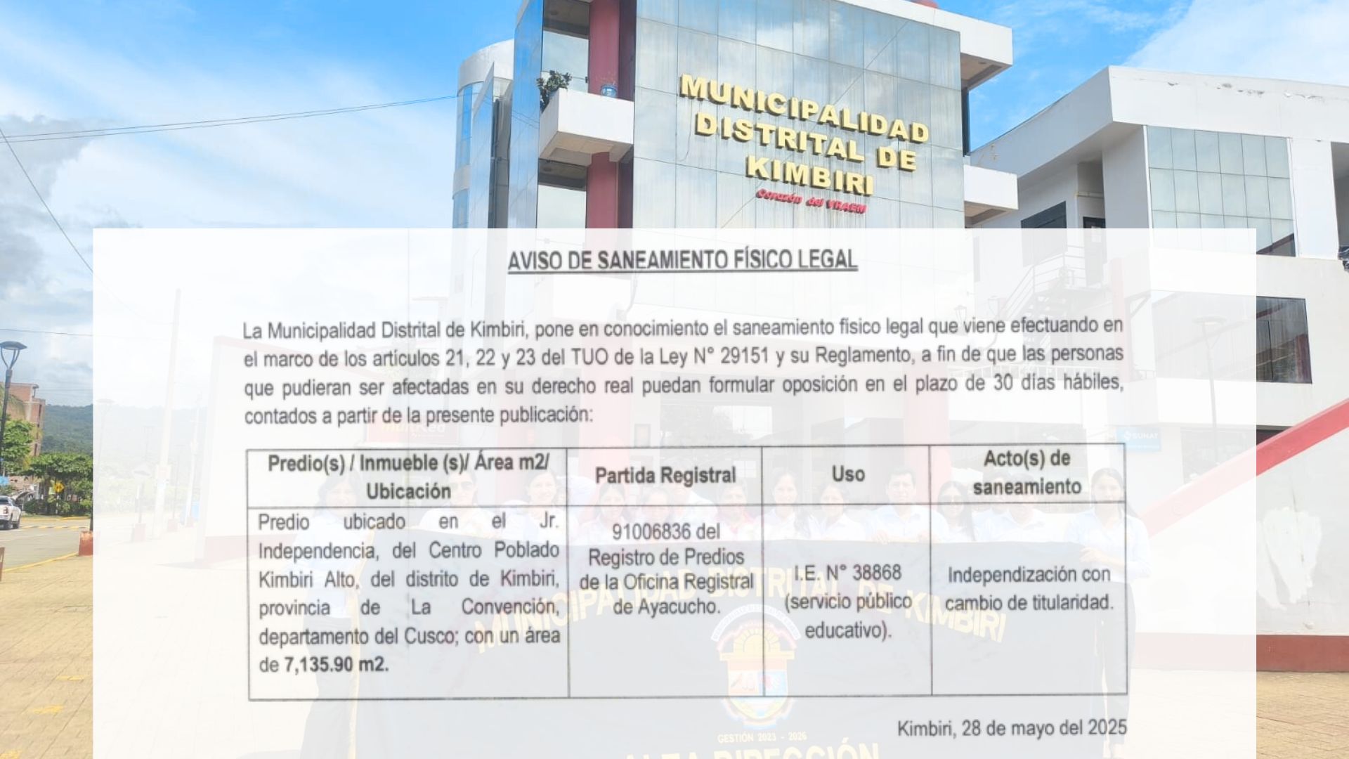 Aviso de saneamiento físico legal de predio,